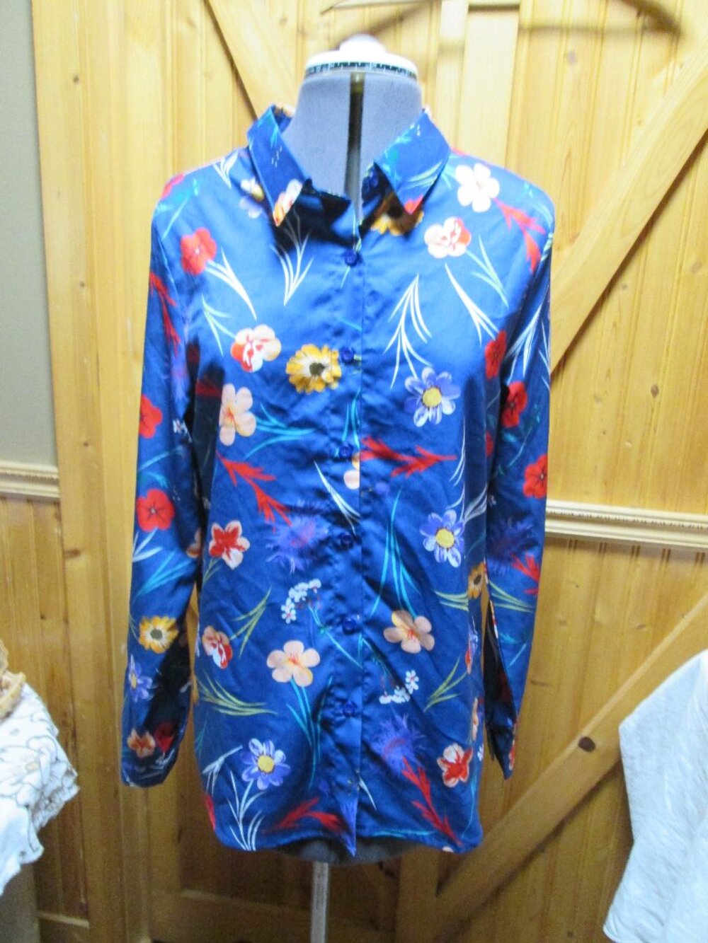 bold floral blouse lg 70s hippie boho polyester colorful